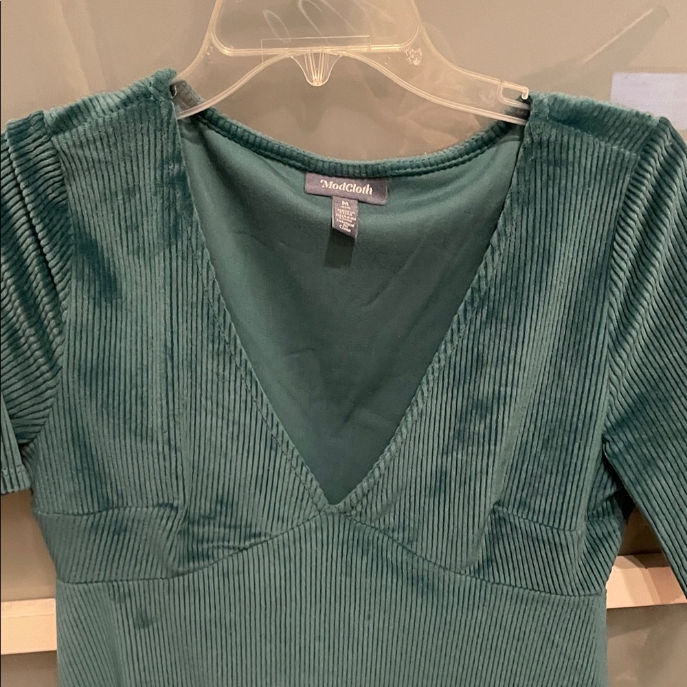 Modcloth Teal Mini Dress with V-Neck, Velvet Dress, Size M, EUC - Picture 3 of 7